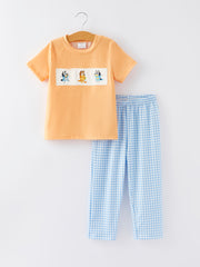 Cartoon Embroidered Boys Plaid Pants Outfit Set