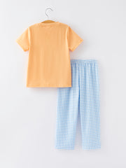 Cartoon Embroidered Boys Plaid Pants Outfit Set