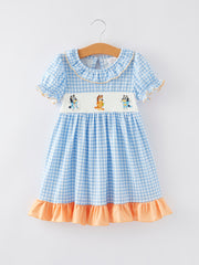 Cartoon Embroidered Girls Plaid Dress