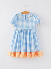 Cartoon Embroidered Girls Plaid Dress