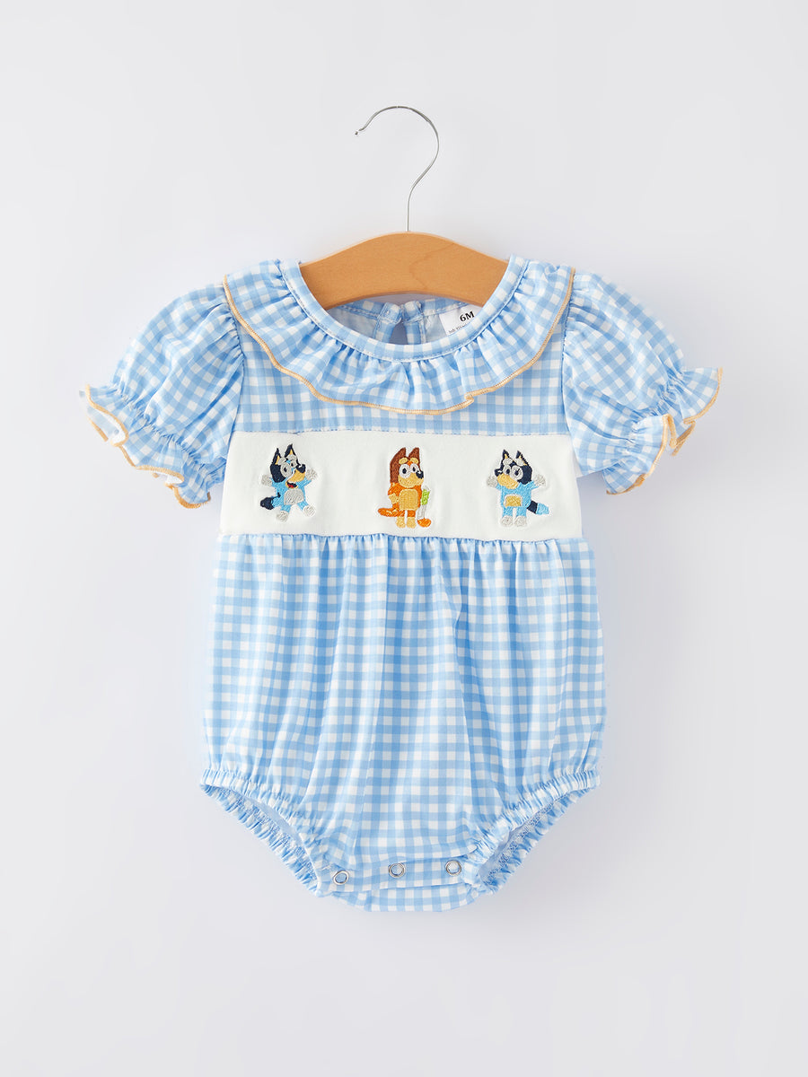 Cartoon Embroidered Girls Plaid Romper