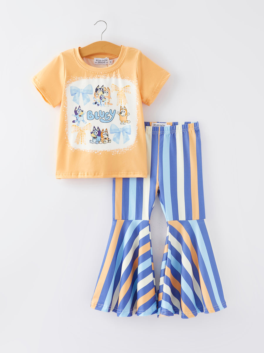 Girls Cartoon Print Top+Bell-Bottom Pants Outfits