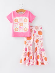 Girls Halloween Hot Pink Pumpkin Bow Short Sleeved Top + Bell-Bottom Pants Set