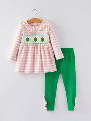 Christmas Tree Smocking Embroidered Girls Outfit Set