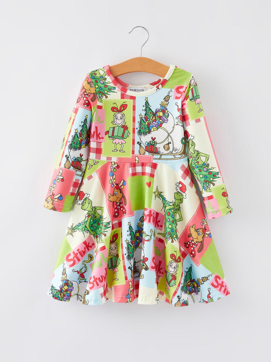 Autumn Winter Character Christmas Tree Print Girls Dress