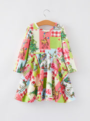 Autumn Winter Character Christmas Tree Print Girls Dress