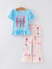 Girls Nutcracker Print Blue Outfit Set