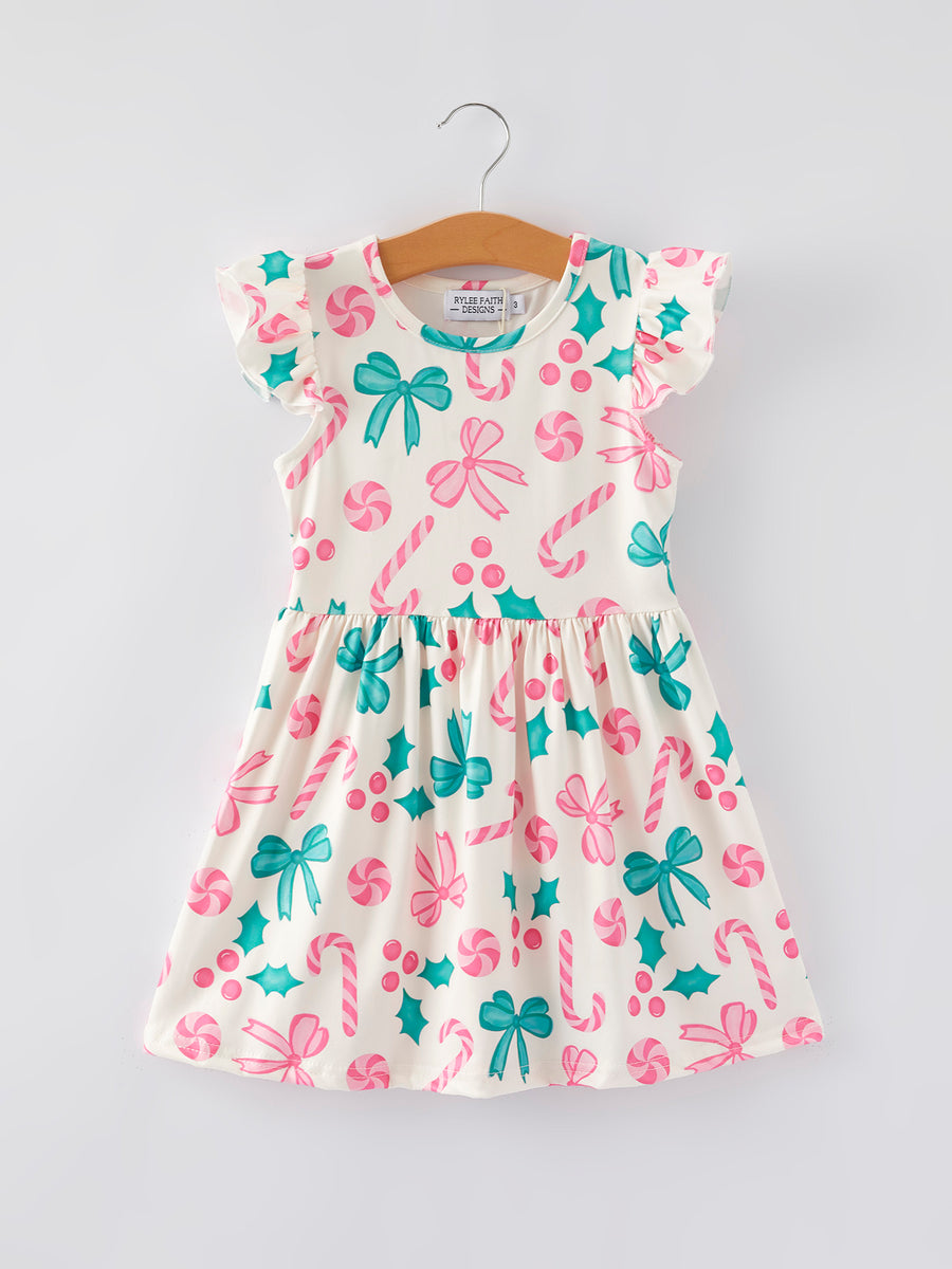 Girls Christmas Candy Bow Print Dress