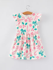 Girls Christmas Candy Bow Print Dress