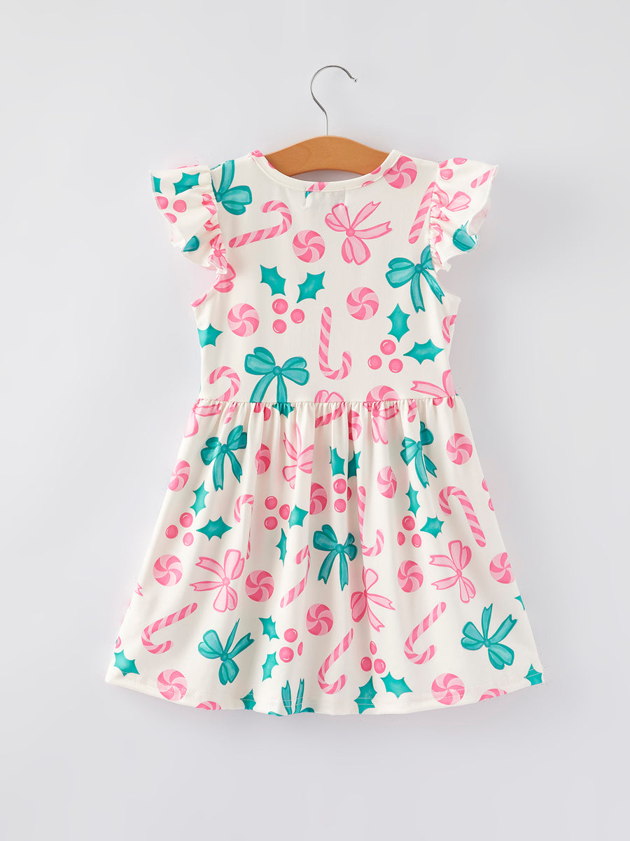 Girls Christmas Candy Bow Print Dress