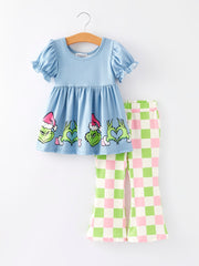 Girls Cartoon Print Checkerboard Pants Outfit Set