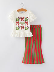 Christmas Girls Cartoon Print Striped Outfit Set