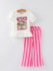 Girls Cartoon Print Pink Striped Outfit Set