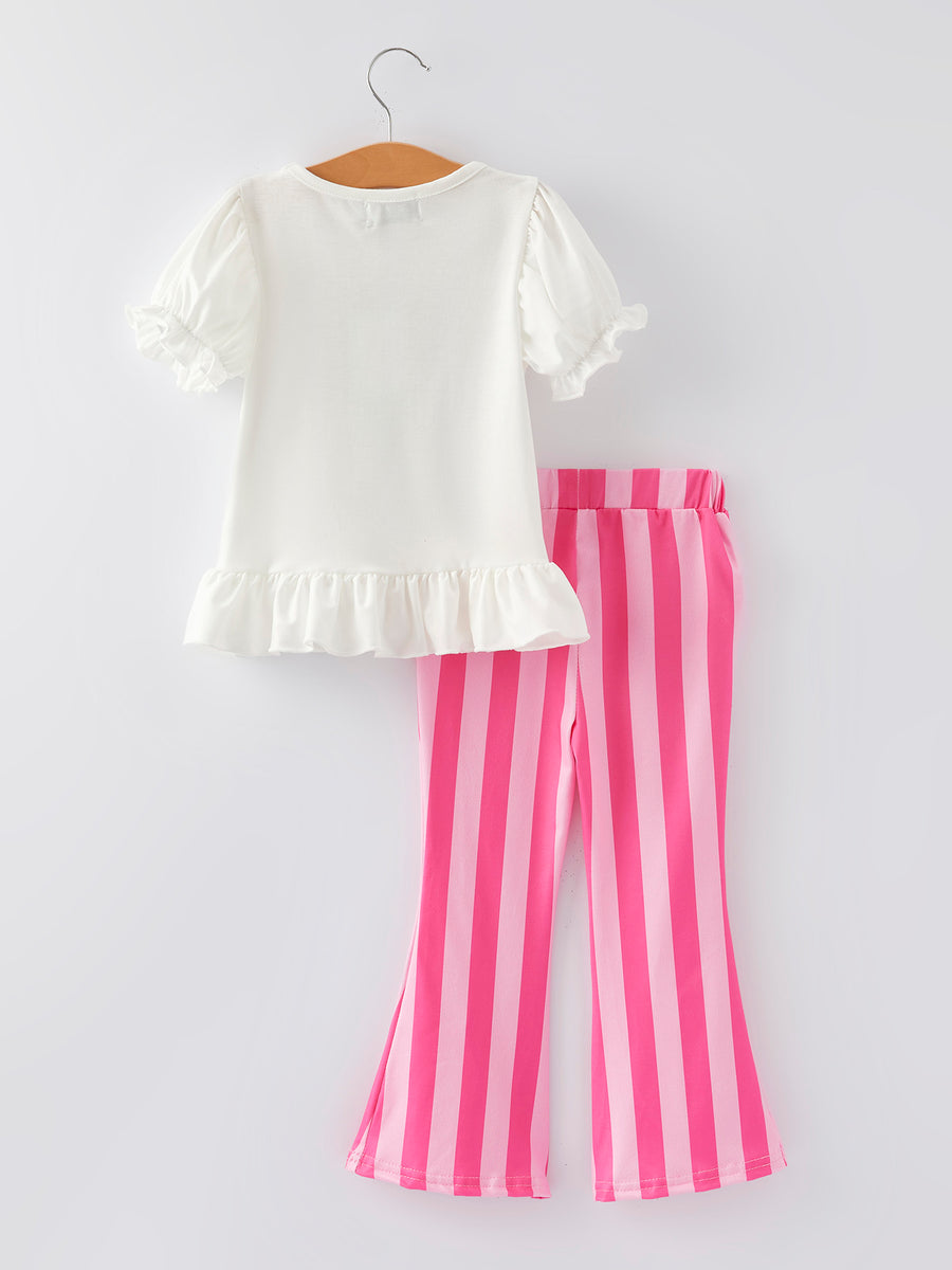 Girls Cartoon Print Pink Striped Outfit Set