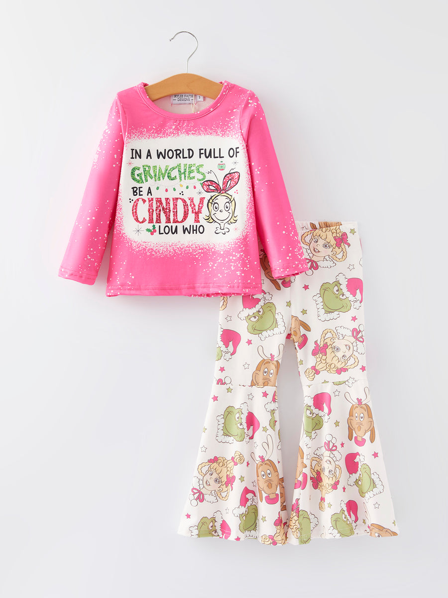 Christmas Girls Cartoon Letter Print Outfit Set