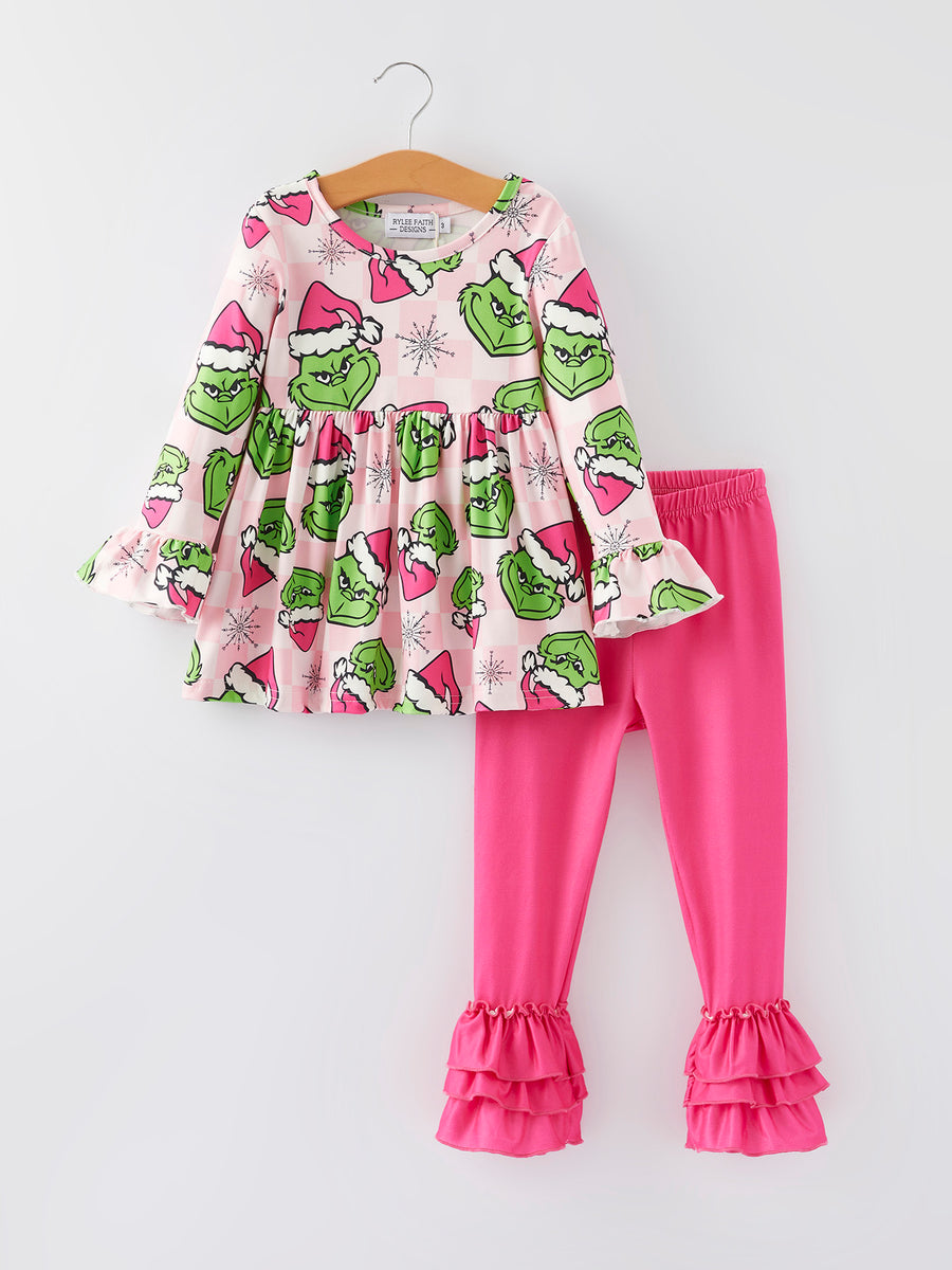 Christmas Girls Cartoon Print Outfit Set