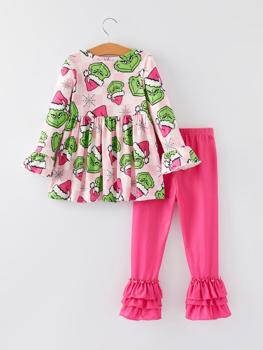 Christmas Girls Cartoon Print Outfit Set