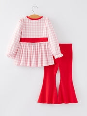 Girls Valentine's Day Heart Applique Plaid Outfits Set