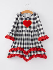 Valentine's Day Heart Applique Checkerboard Ruffle Dress