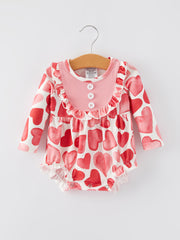 Girls Valentine's Day Button Heart Print Ruffle Romper