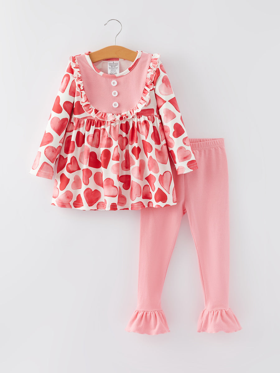 Girls Valentine's Day Button Heart Print Ruffle Outfits Set