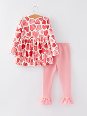 Girls Valentine's Day Button Heart Print Ruffle Outfits Set