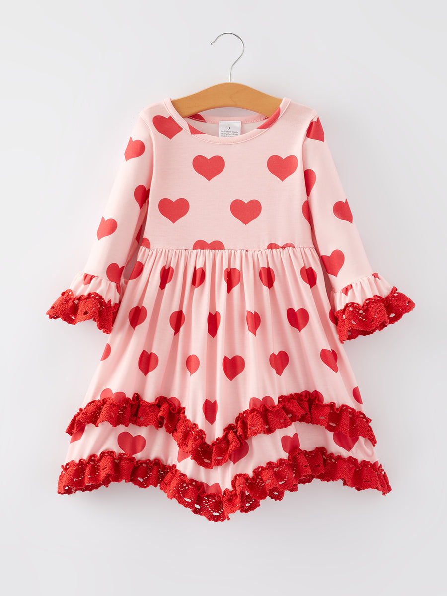 Valentine's Day Heart Print Ruffle Long Sleeve Dress