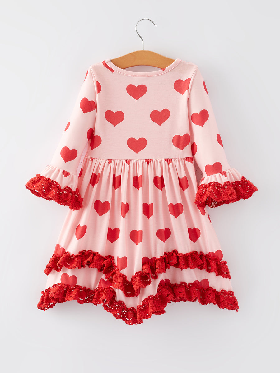 Valentine's Day Heart Print Ruffle Long Sleeve Dress