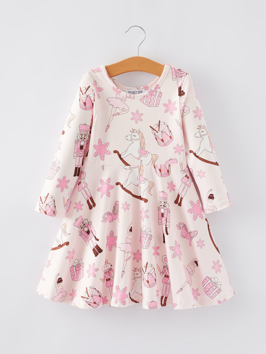 Christmas Nutcracker White Horse Print Girls Dress