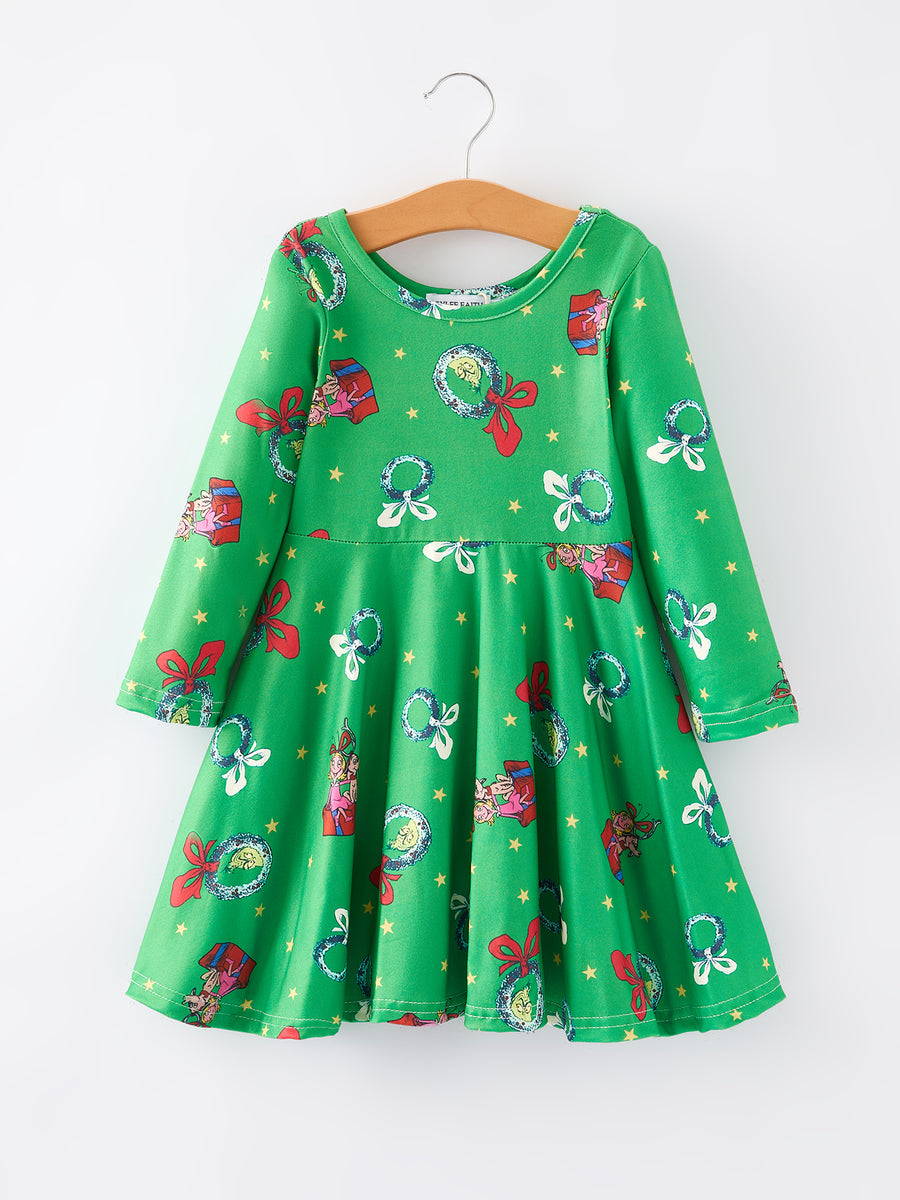 Christmas Cartoon Characters Print Green Girls Dress