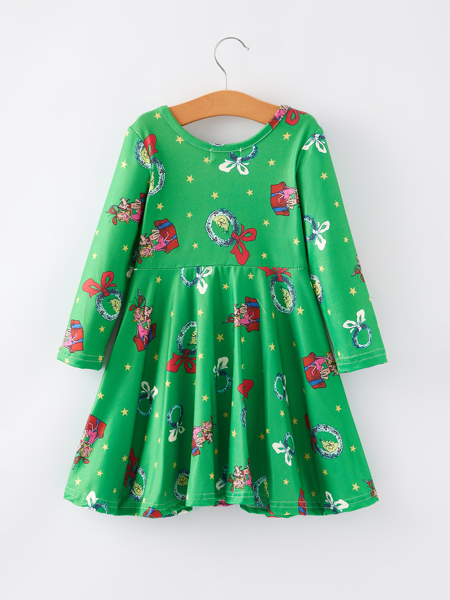 Christmas Cartoon Characters Print Green Girls Dress