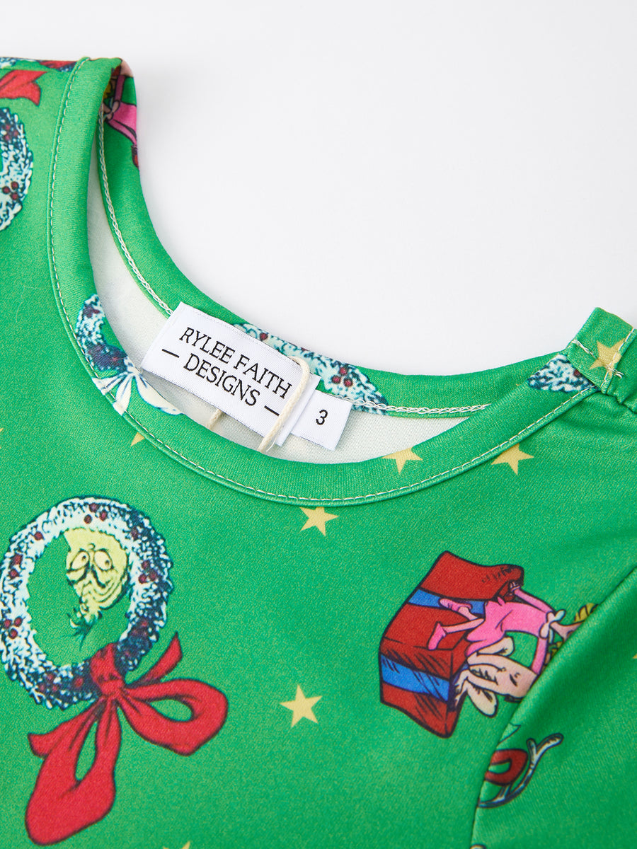 Christmas Cartoon Characters Print Green Girls Dress