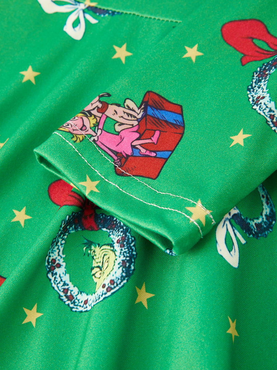 Christmas Cartoon Characters Print Green Girls Dress