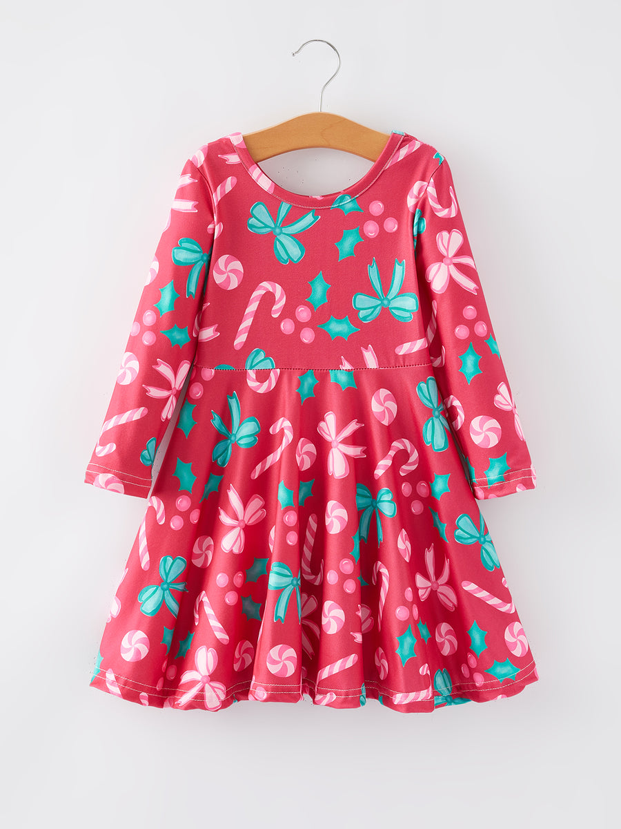 Christmas Candy Cane Bow Print Girls Dress