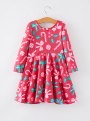 Christmas Candy Cane Bow Print Girls Dress