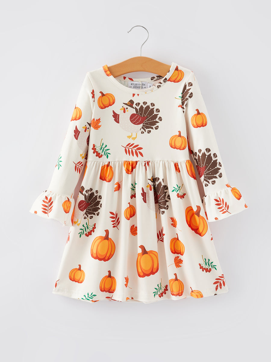 Thanksgiving Turkey Pumpkin Print Girls Dress