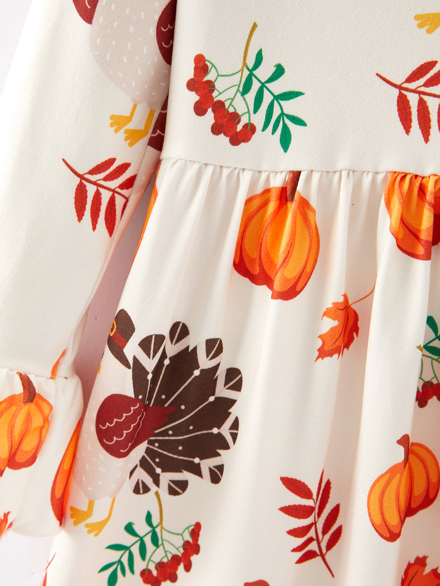 Thanksgiving Turkey Pumpkin Print Girls Dress