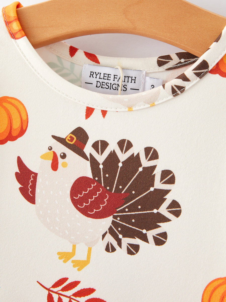 Thanksgiving Turkey Pumpkin Print Girls Dress