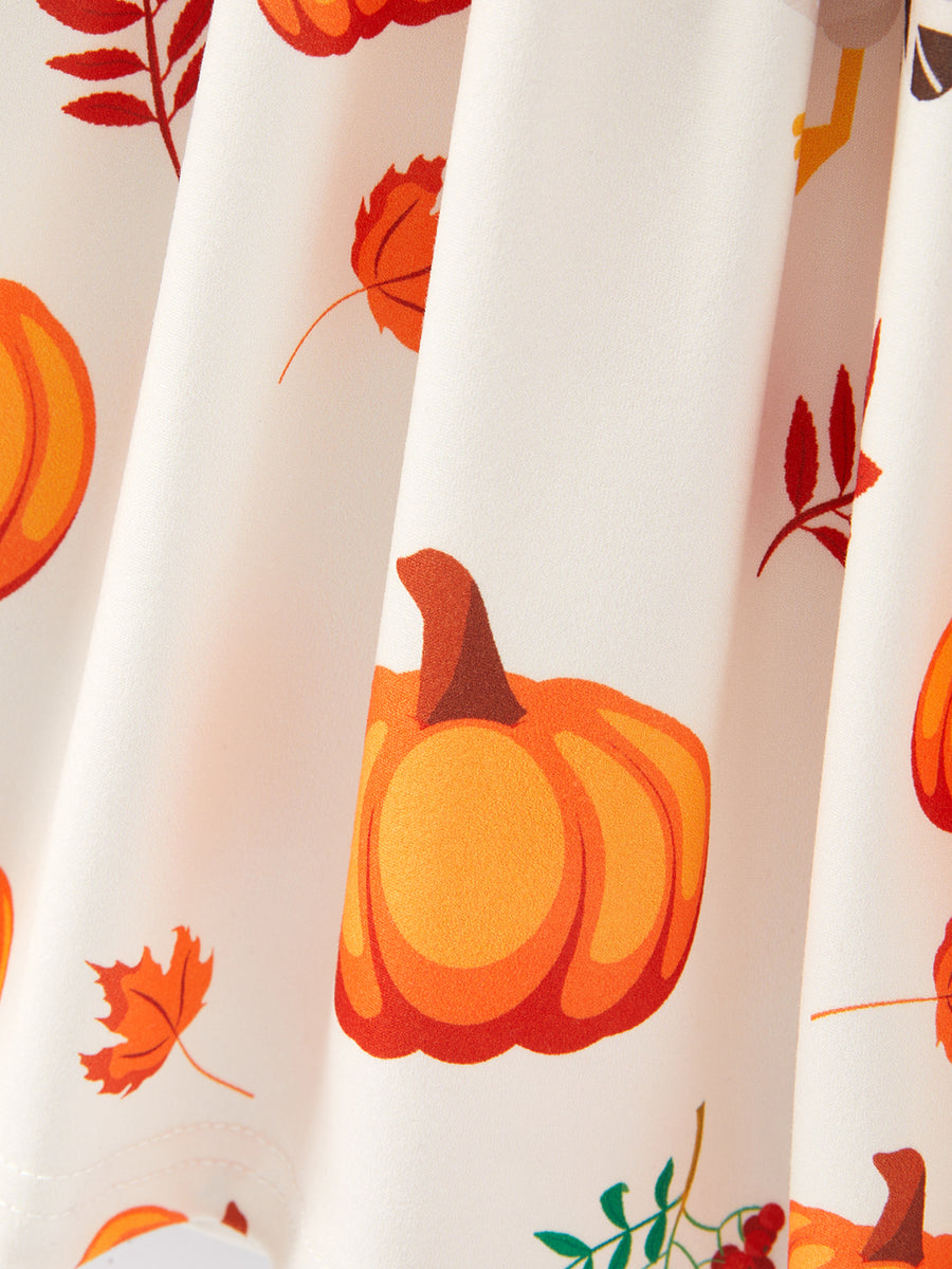 Thanksgiving Turkey Pumpkin Print Girls Dress