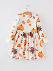 Thanksgiving Turkey Pumpkin Print Girls Dress