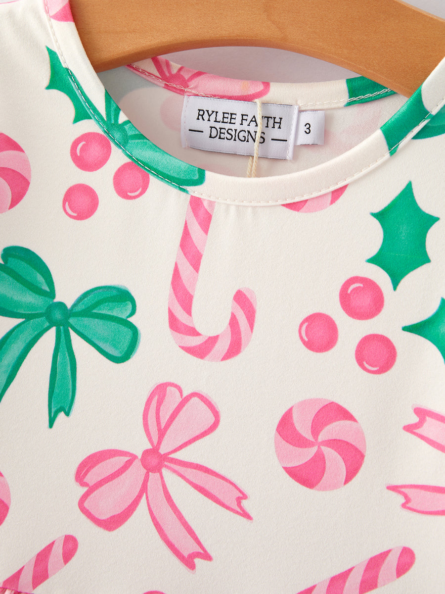 Christmas Candy Bow Print Girls Dress