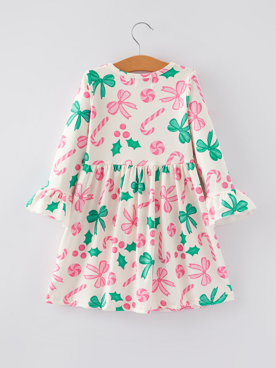 Christmas Candy Bow Print Girls Dress