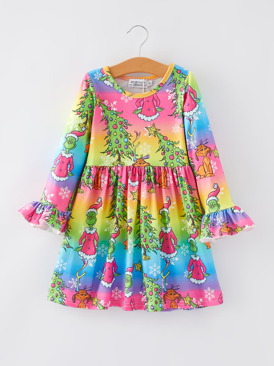 Christmas Cartoon Characters Print Rainbow Girls Dress