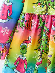 Christmas Cartoon Characters Print Rainbow Girls Dress