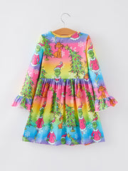 Christmas Cartoon Characters Print Rainbow Girls Dress