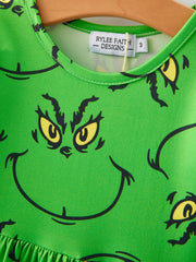 Christmas Green Cartoon Characters Print Girls Dress