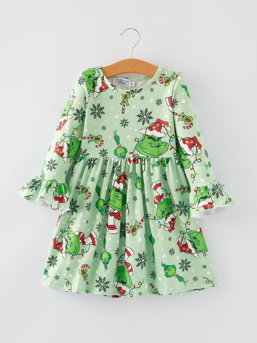 Christmas Cartoon Characters Print Green Girls Dress