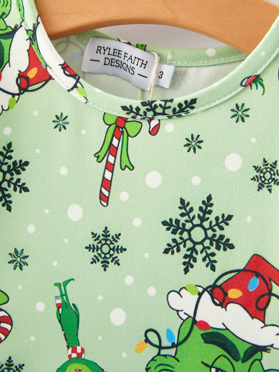 Christmas Cartoon Characters Print Green Girls Dress