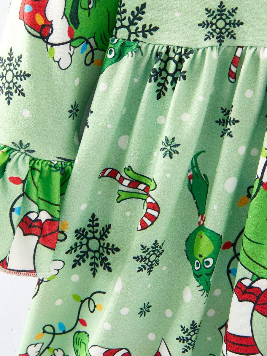 Christmas Cartoon Characters Print Green Girls Dress