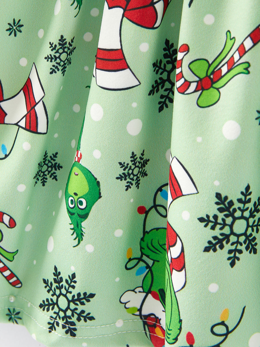 Christmas Cartoon Characters Print Green Girls Dress